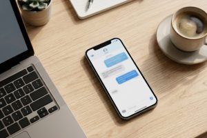 Смартфон и ноутбук на рабочем столе с открытым мессенджером