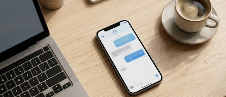 Смартфон и ноутбук на рабочем столе с открытым мессенджером