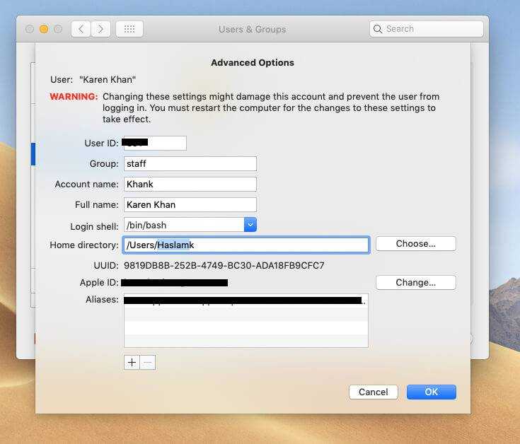 Изменение имени пользователя в mac os
